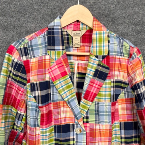 L.L. Bean Sz 14 Blazer Jacket Rec Cotton Madras Plaid Patchwork Academia Preppy - Picture 5 of 8